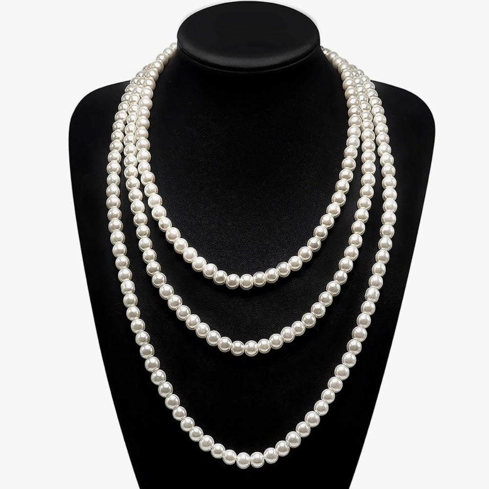 Elegant White Knotted Silk White Glass Pearls Long Necklace
